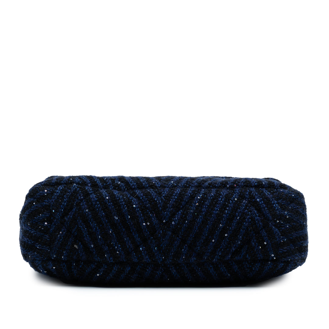Chanel Large Chevron Tweed Sequins 19 Flap Bleu