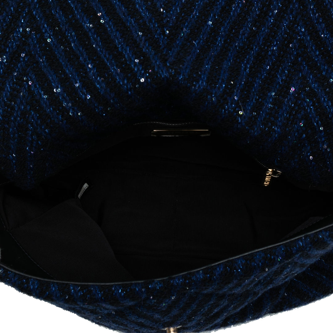Chanel Large Chevron Tweed Sequins 19 Flap Bleu
