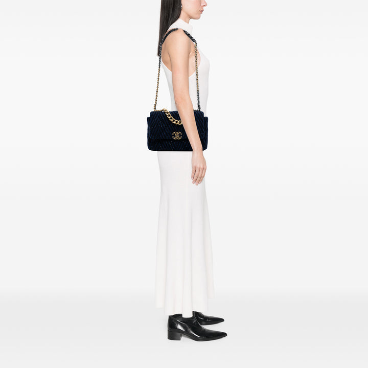 Chanel Large Chevron Tweed Sequins 19 Flap Bleu