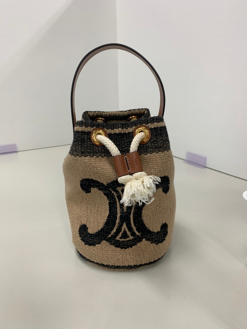 Celine Small Triomphe Raffia Drawstring Bucket Sac