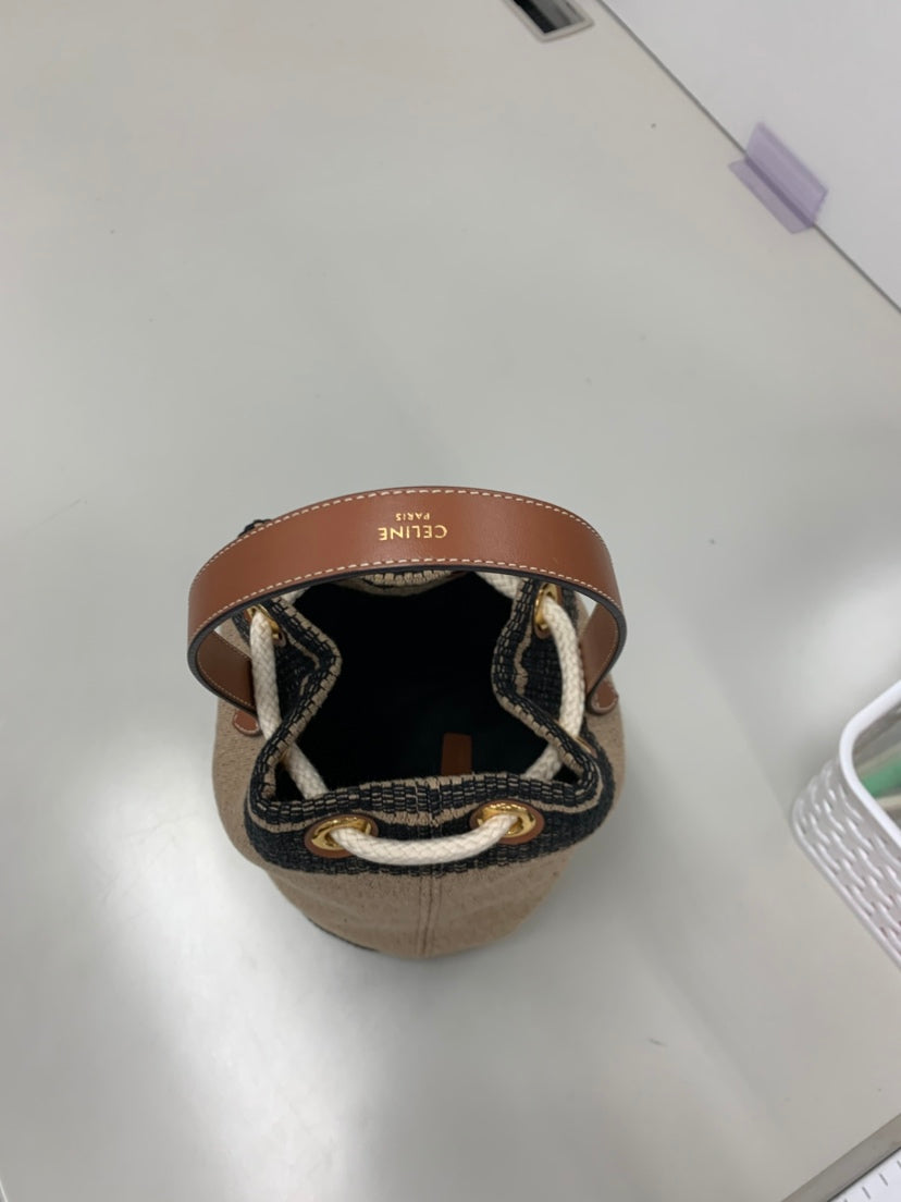 Celine Small Triomphe Raffia Drawstring Bucket Sac