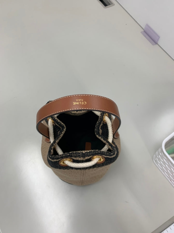 Celine Small Triomphe Raffia Drawstring Bucket Sac