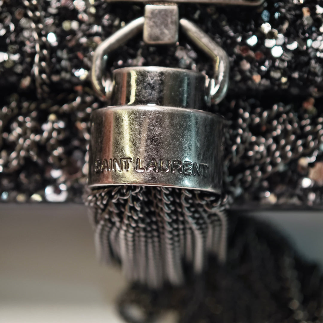 Saint Laurent Metallic Glitter Monogram Kate Pompon Chain Portefeuille