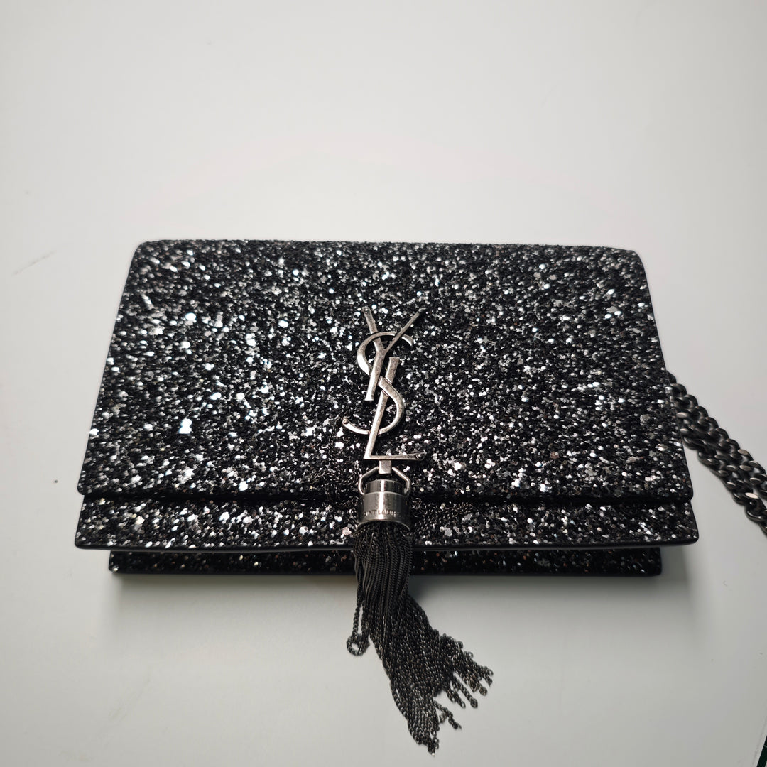 Saint Laurent Metallic Glitter Monogram Kate Pompon Chain Portefeuille