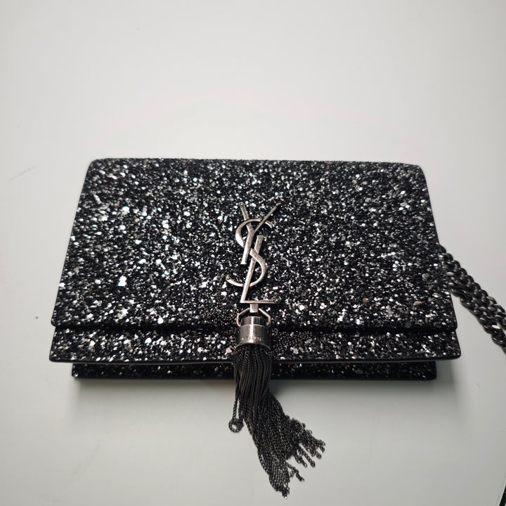 Saint Laurent Metallic Glitter Monogram Kate Pompon Chain Portefeuille