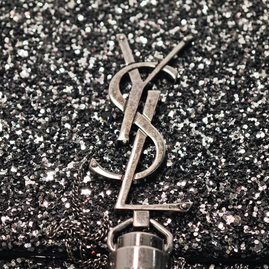 Saint Laurent Metallic Glitter Monogram Kate Pompon Chain Portefeuille