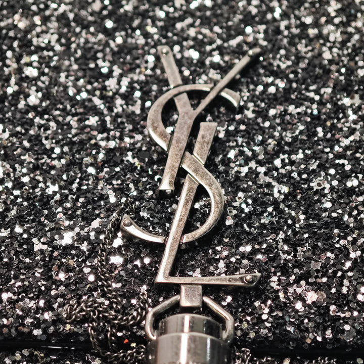 Saint Laurent Metallic Glitter Monogram Kate Pompon Chain Portefeuille