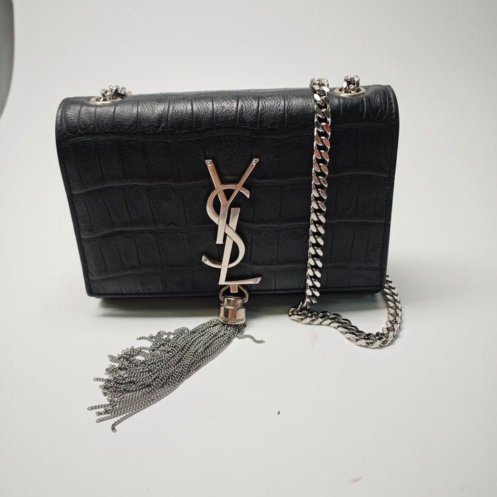 Saint Laurent Small Croc embossé Cuir Monogram Kate Pompon Sac porté croisé