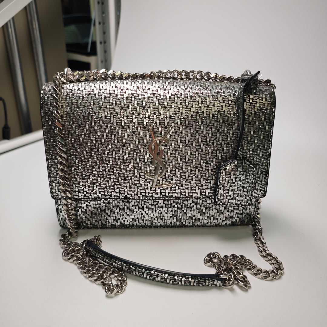 Saint Laurent Medium Metallic Woven Cuir Monogram Sunset Sac porté croisé