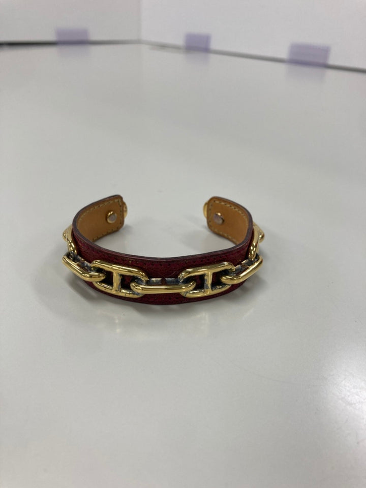 Hermès Cuir et plaqué Chaine d Ancre Cuff Bracelet