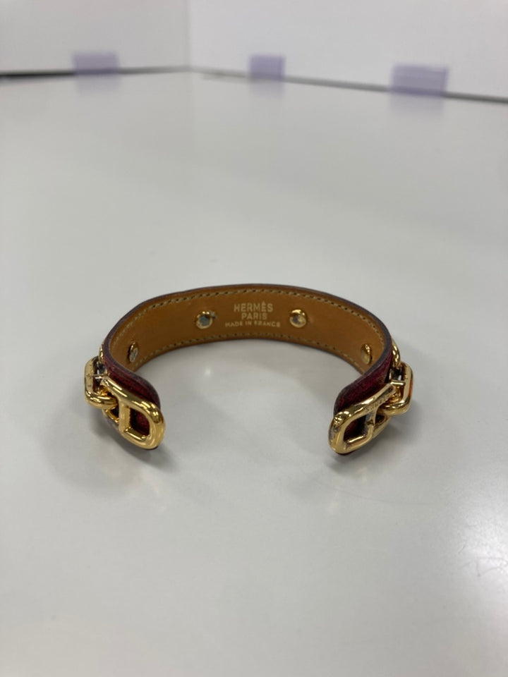 Hermès Cuir et plaqué Chaine d Ancre Cuff Bracelet