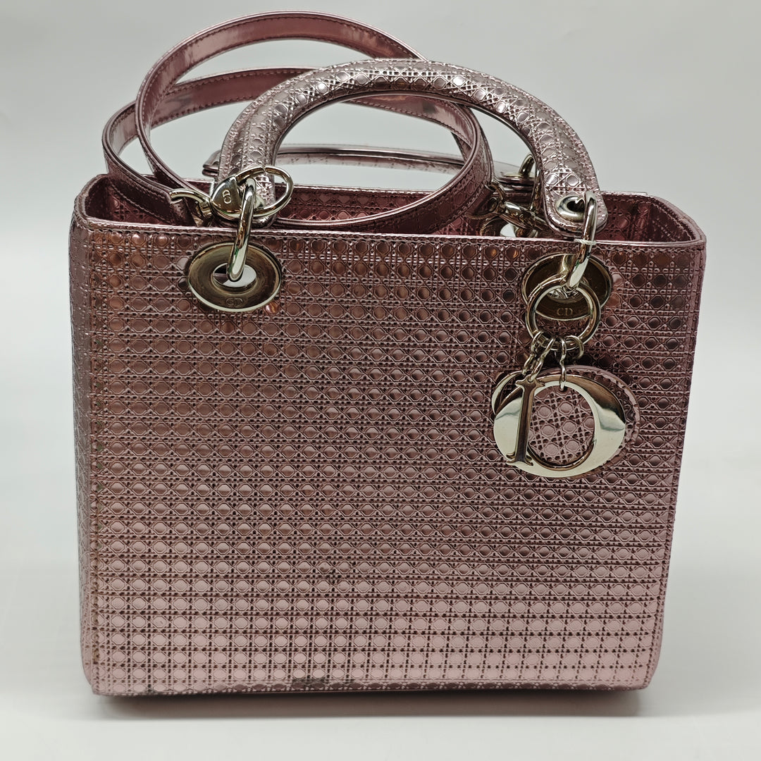 Dior Medium Metallic Cuir verni Microcannage Lady Dior
