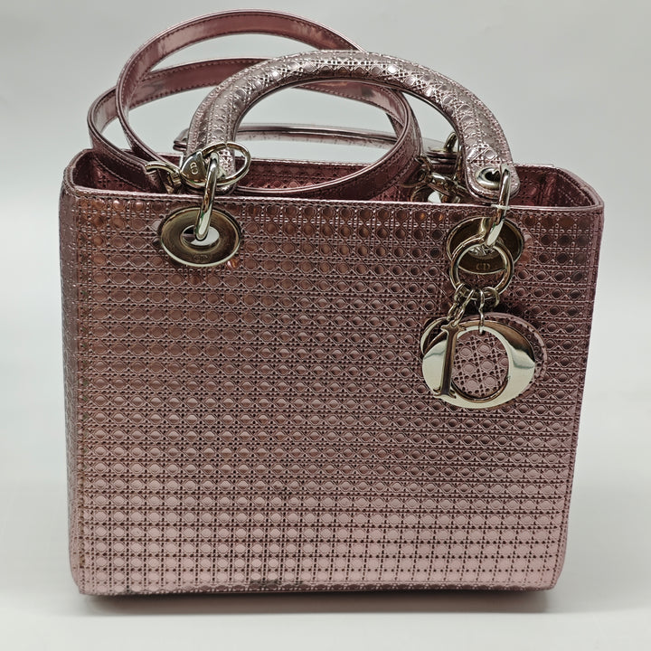 Dior Medium Metallic Cuir verni Microcannage Lady Dior