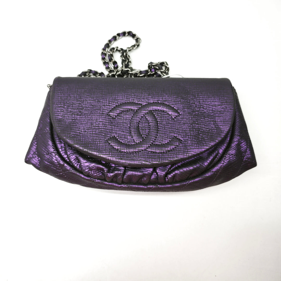 Chanel CC Metallic Crackling Lizard Printed Cuir Half Moon Wallet on Chain