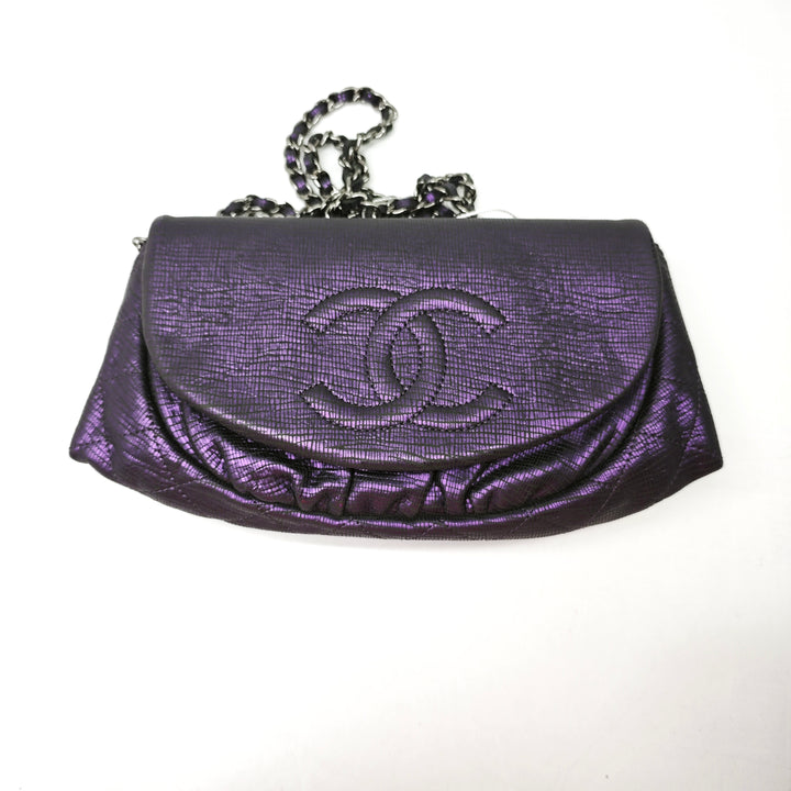 Chanel CC Metallic Crackling Lizard Printed Cuir Half Moon Wallet on Chain