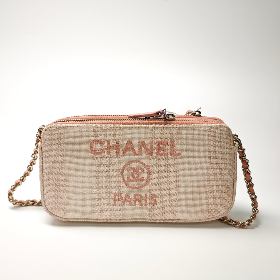 Chanel Raffia Deauville Double Zip Pochette avec chaîne