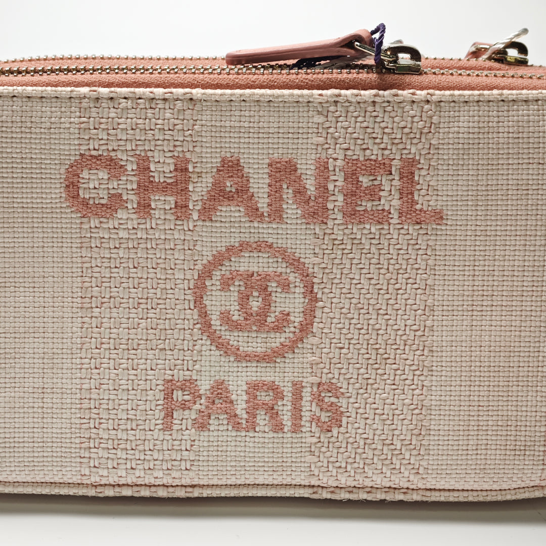 Chanel Raffia Deauville Double Zip Pochette avec chaîne