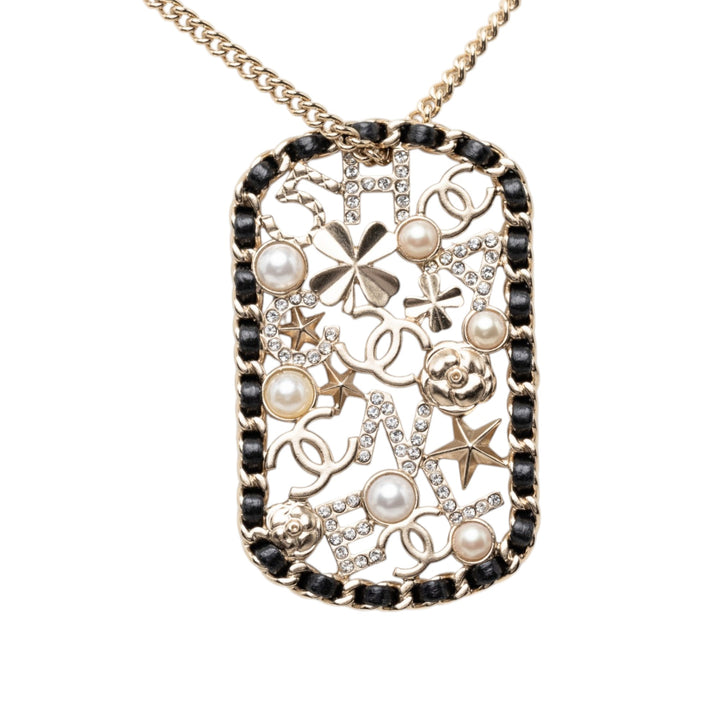 Chanel CC plaqué Mosaic Estate Clover Star Cuir Woven Chain Pendant Collier
