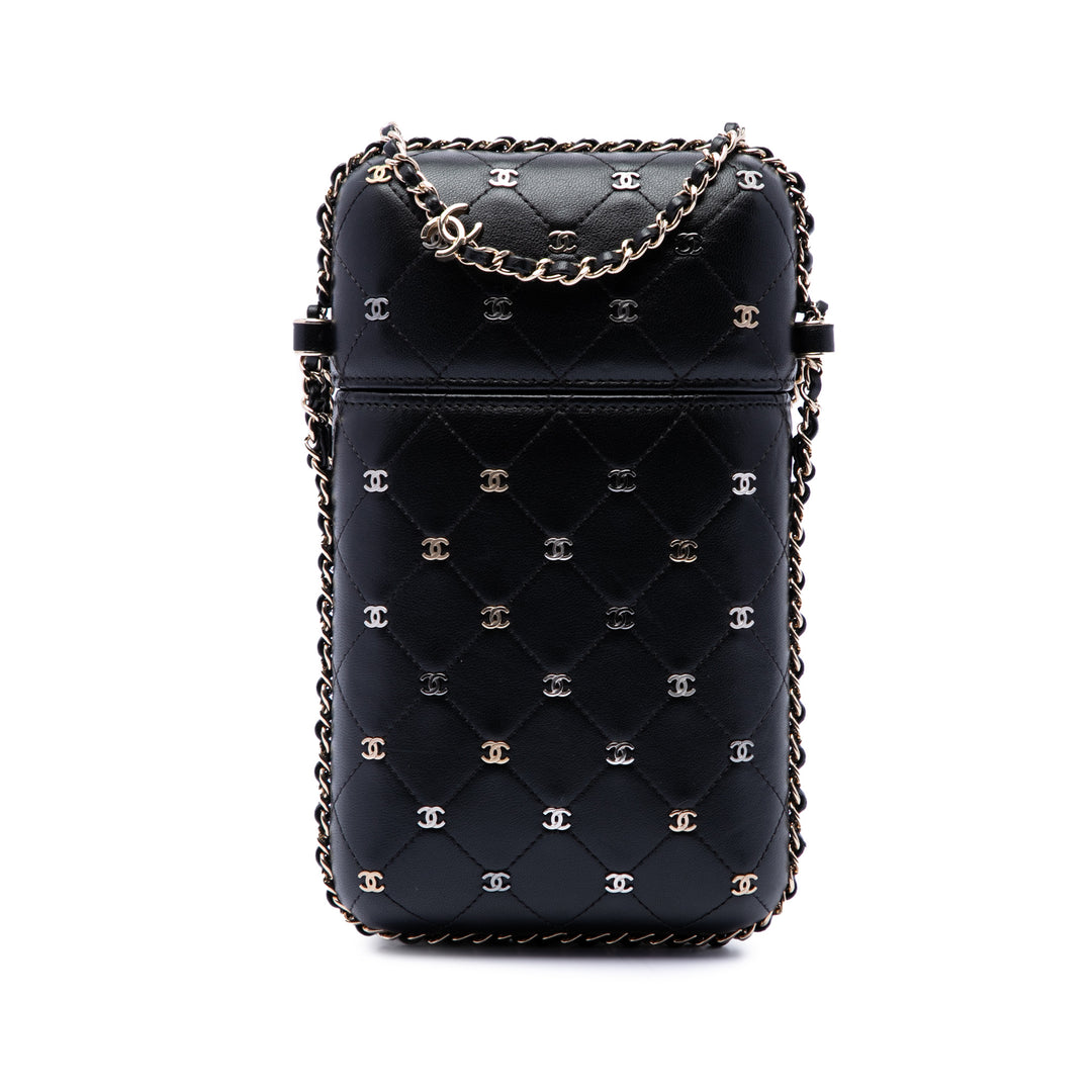 Chanel CC Matelassé et clouté Sac rond à chaîne Étui téléphone Cuir d'agneau