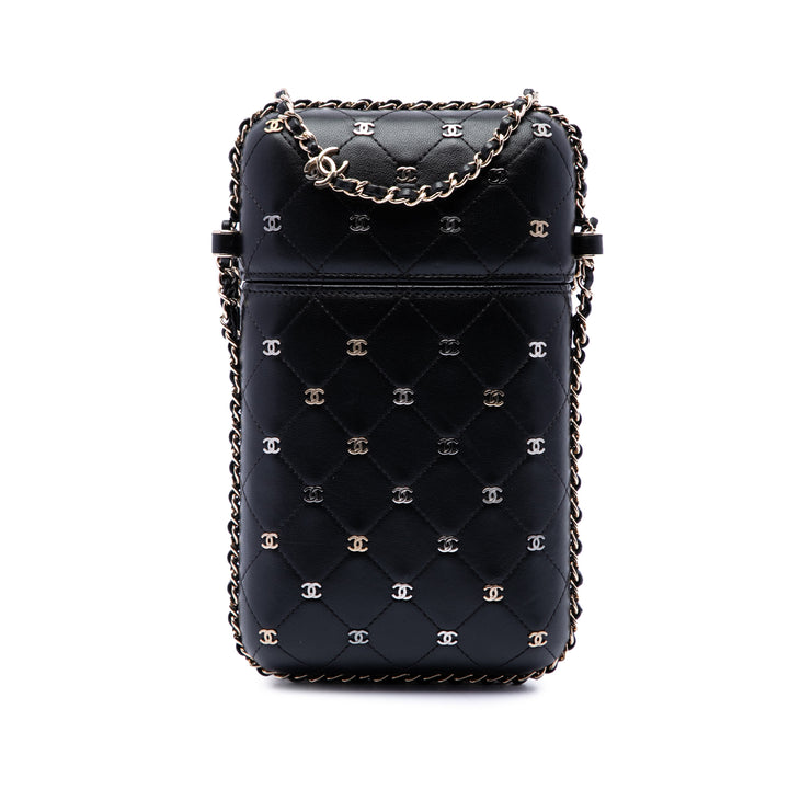 Chanel CC Matelassé et clouté Sac rond à chaîne Étui téléphone Cuir d'agneau