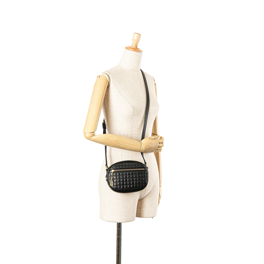 Quilted Calfskin C Charm Crossbody Black - Gaby Paris