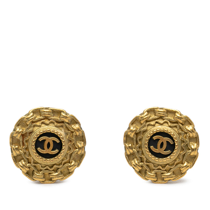 Chanel CC plaqué Émail Rond Clip On Boucles d’oreilles
