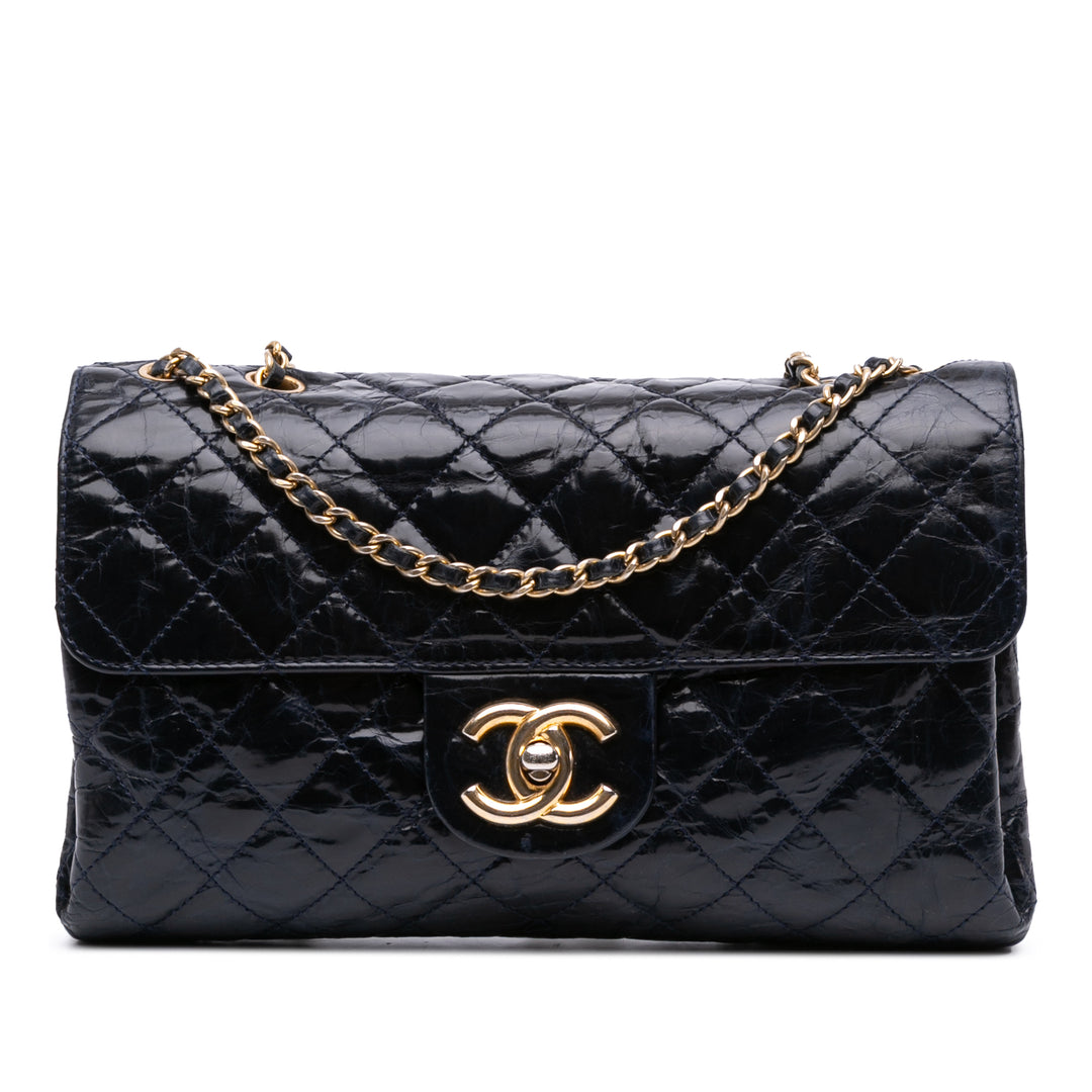 CC Crackled Glazed Calfskin Accordion Flap Blue - Gaby Paris