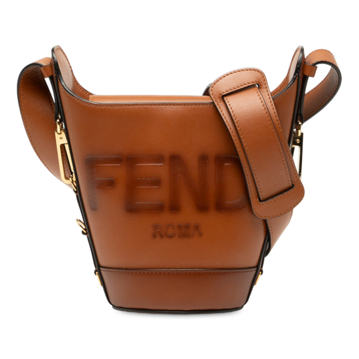 Fendi Cuir Debossed Logo Bucket Bag Marron