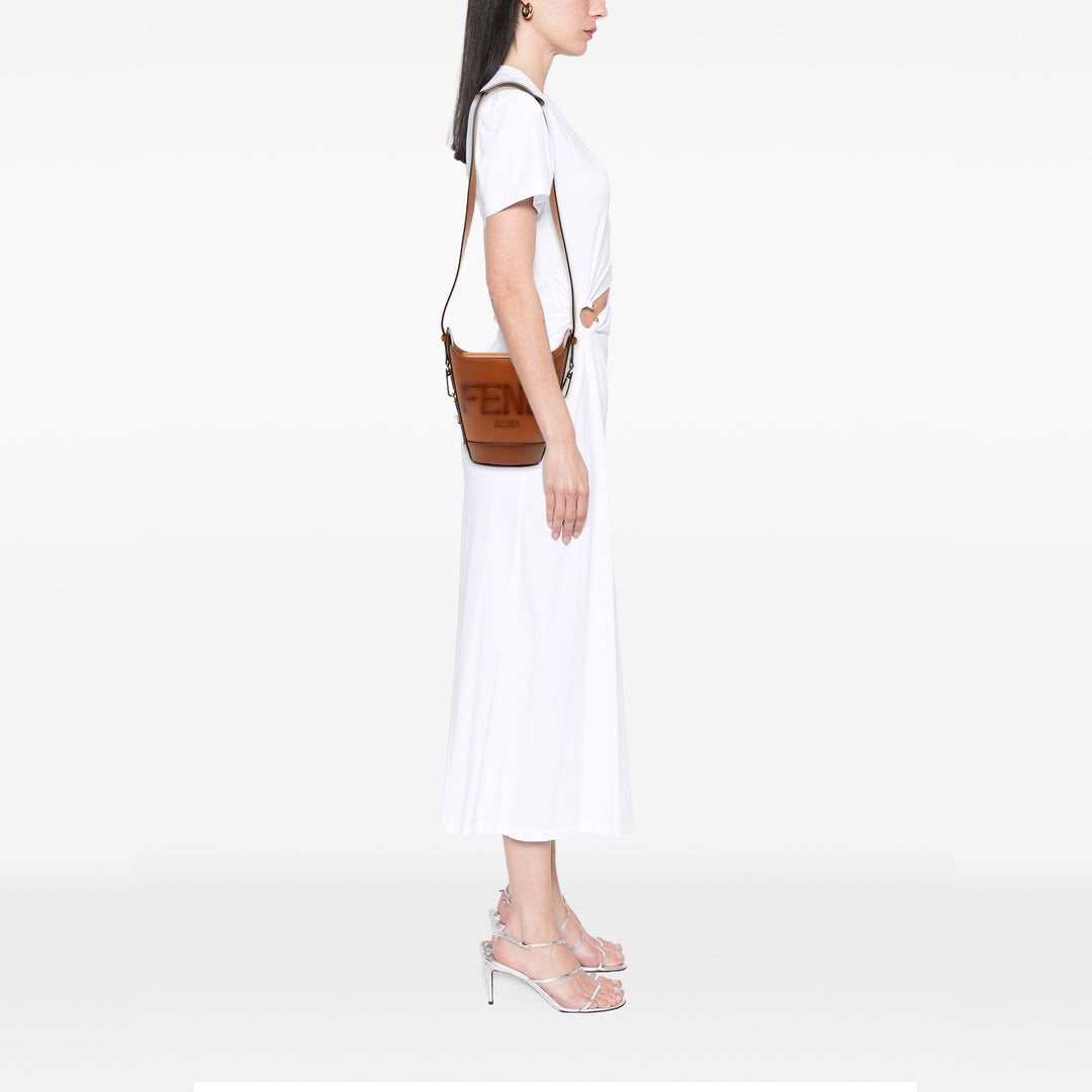 Fendi Cuir Debossed Logo Bucket Bag Marron