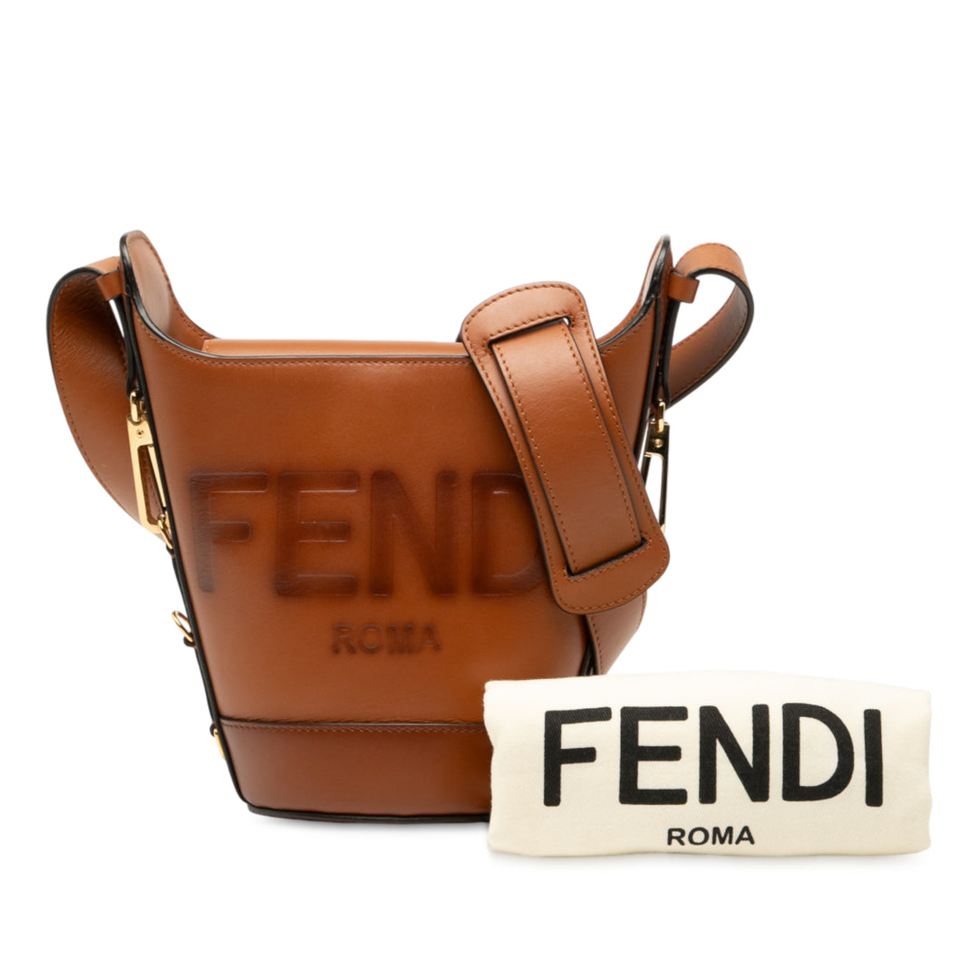 Fendi Cuir Debossed Logo Bucket Bag Marron