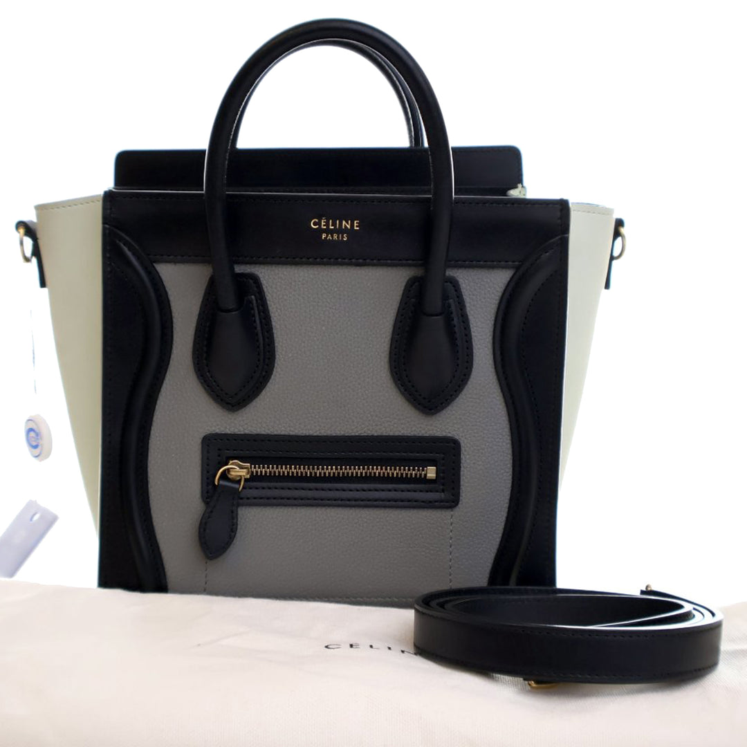 Celine Nano Tricolor Grained Cuir de veau and Nubuck Luggage Cabas Gris