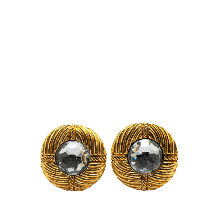 Gold Plated Ribbed Rhinestone Clip On Earrings Gold - Gaby Paris