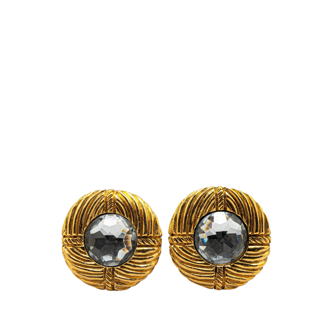 Gold Plated Ribbed Rhinestone Clip On Earrings Gold - Gaby Paris