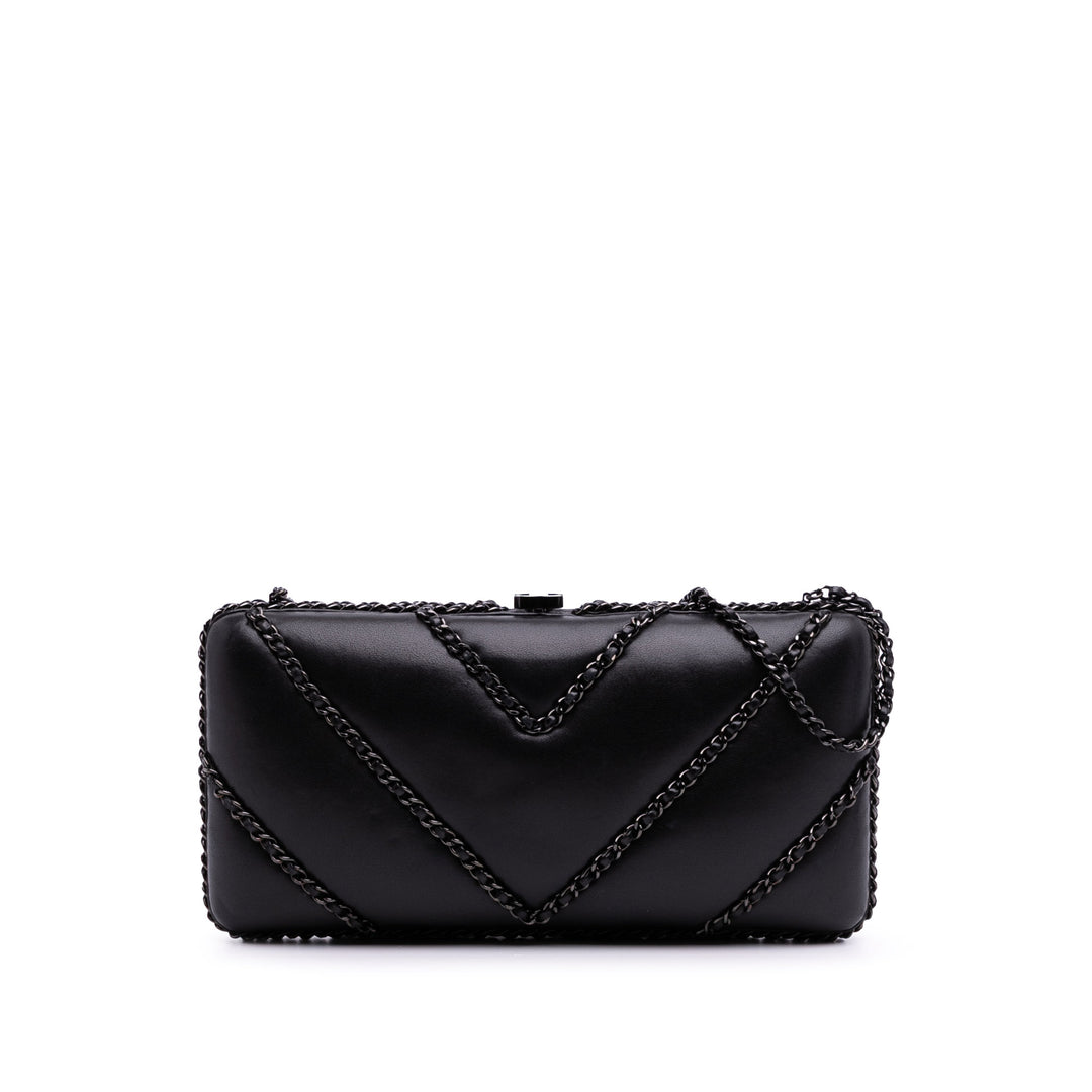 Chevron Lambskin Chain Around Clutch on Chain Black - Gaby Paris