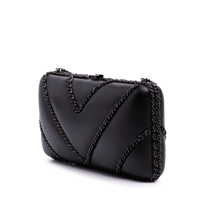 Chevron Lambskin Chain Around Clutch on Chain Black - Gaby Paris