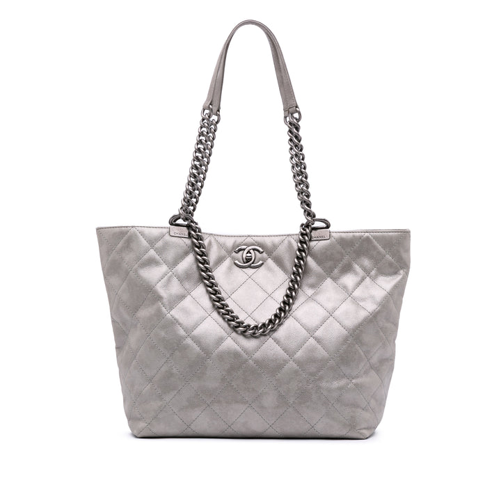 Quilted Iridescent Calfskin Shopping in Chains Tote Gray - Gaby Paris