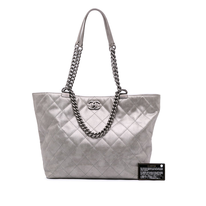 Quilted Iridescent Calfskin Shopping in Chains Tote Gray - Gaby Paris