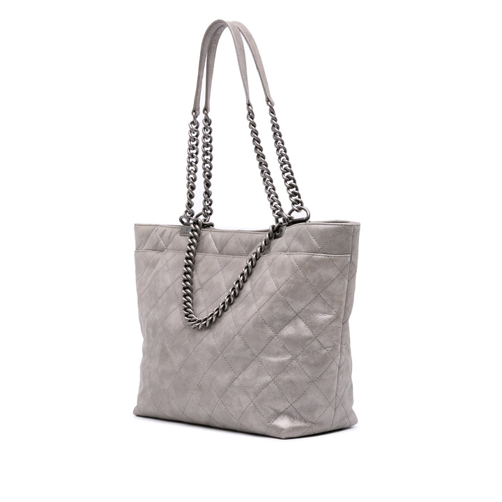 Quilted Iridescent Calfskin Shopping in Chains Tote Gray - Gaby Paris
