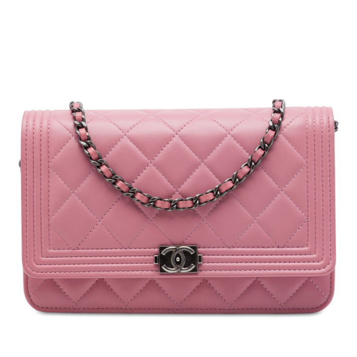 Matelassé Boy Wallet on Chain Cuir d'agneau Rose