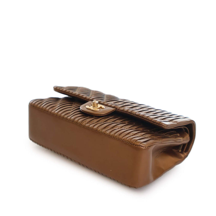 Chanel Medium Classic Chevron Cuir de veau Pleated Double rabat Marron