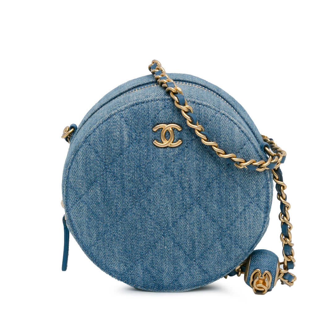 Quilted Denim Pearl Crush Round Clutch with Chain Blue - Gaby Paris