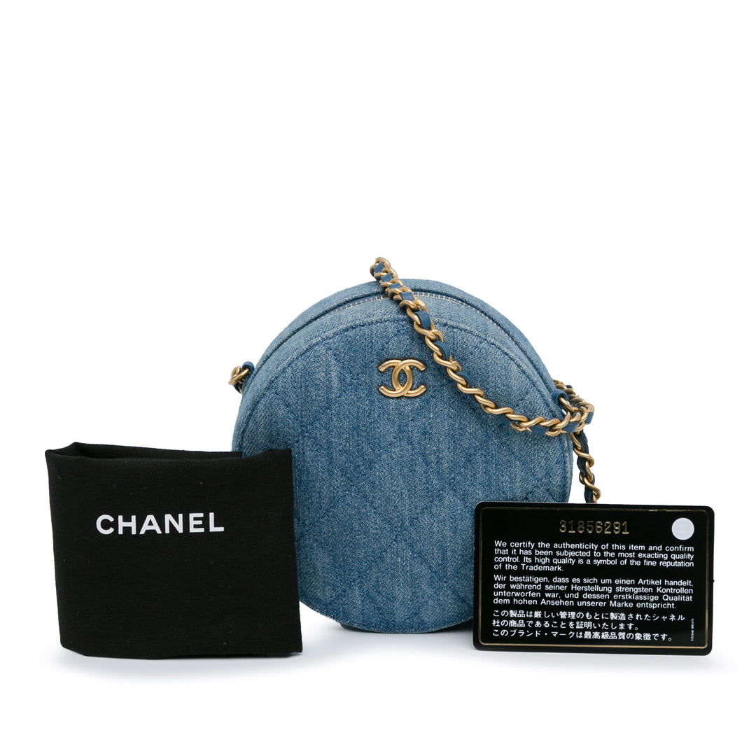 Quilted Denim Pearl Crush Round Clutch with Chain Blue - Gaby Paris