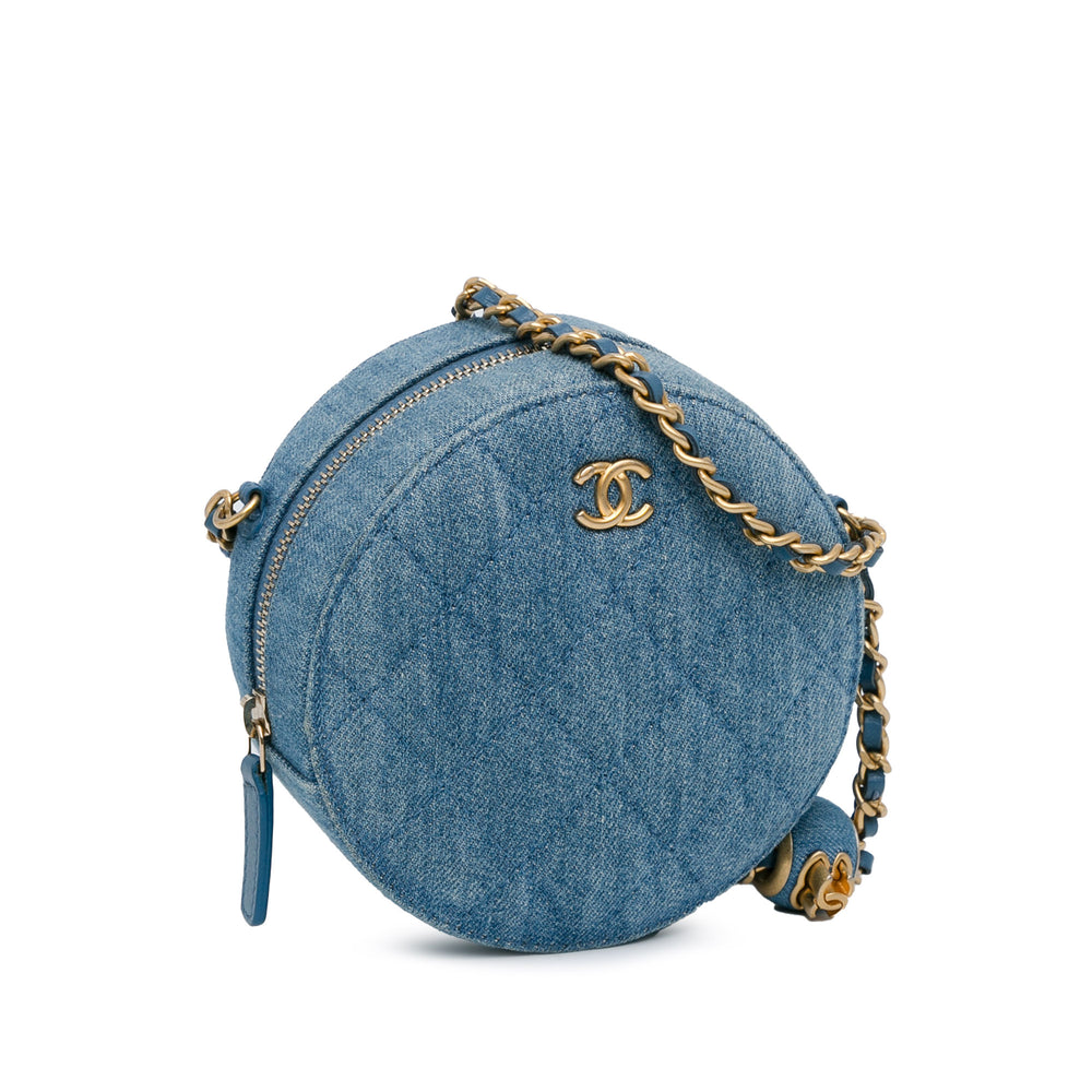 Quilted Denim Pearl Crush Round Clutch with Chain Blue - Gaby Paris