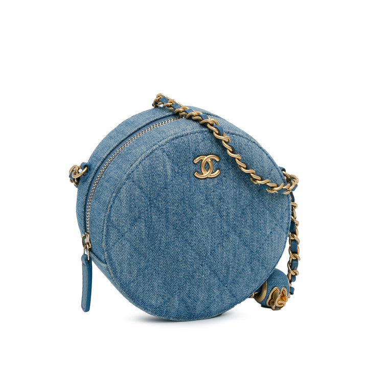 Quilted Denim Pearl Crush Round Clutch with Chain Blue - Gaby Paris