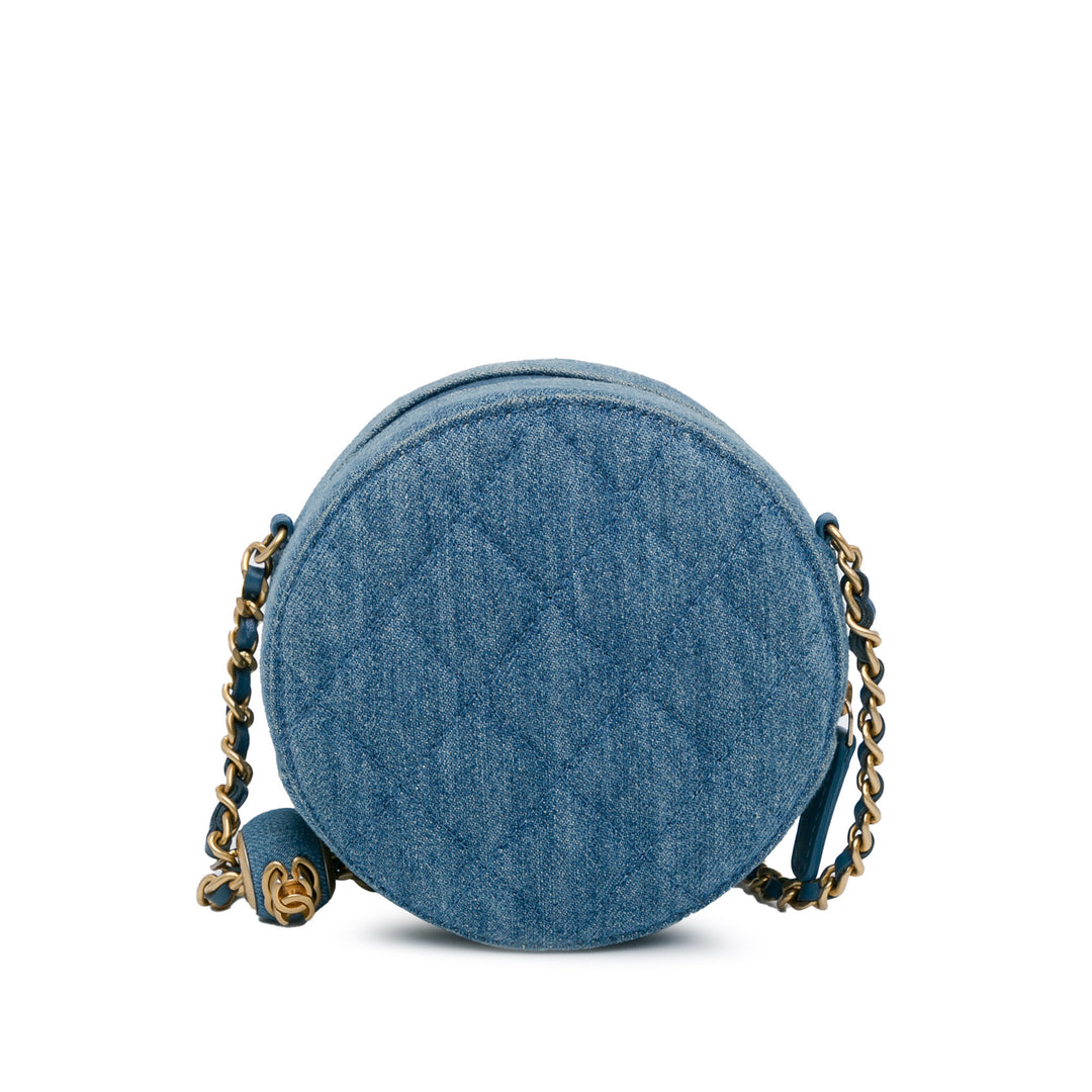 Quilted Denim Pearl Crush Round Clutch with Chain Blue - Gaby Paris