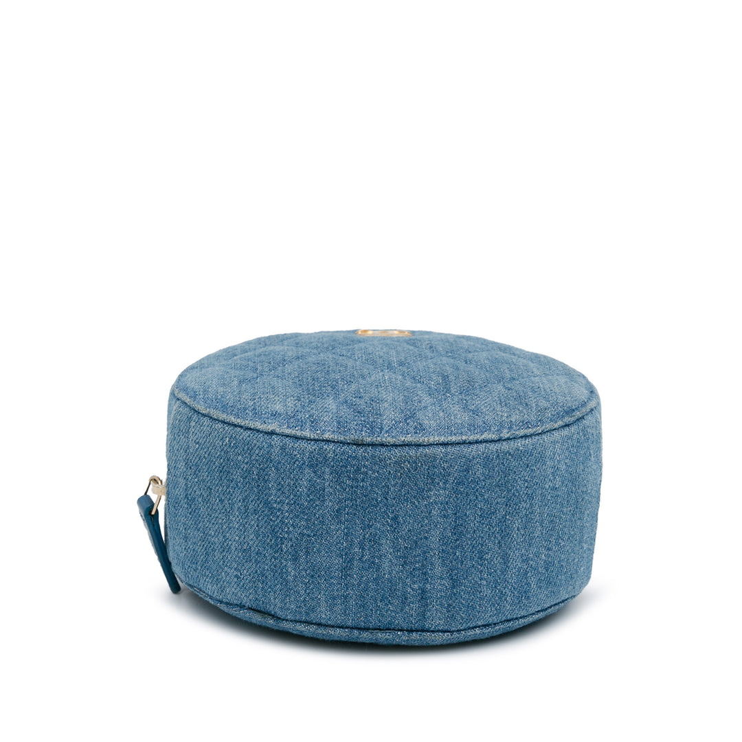 Quilted Denim Pearl Crush Round Clutch with Chain Blue - Gaby Paris