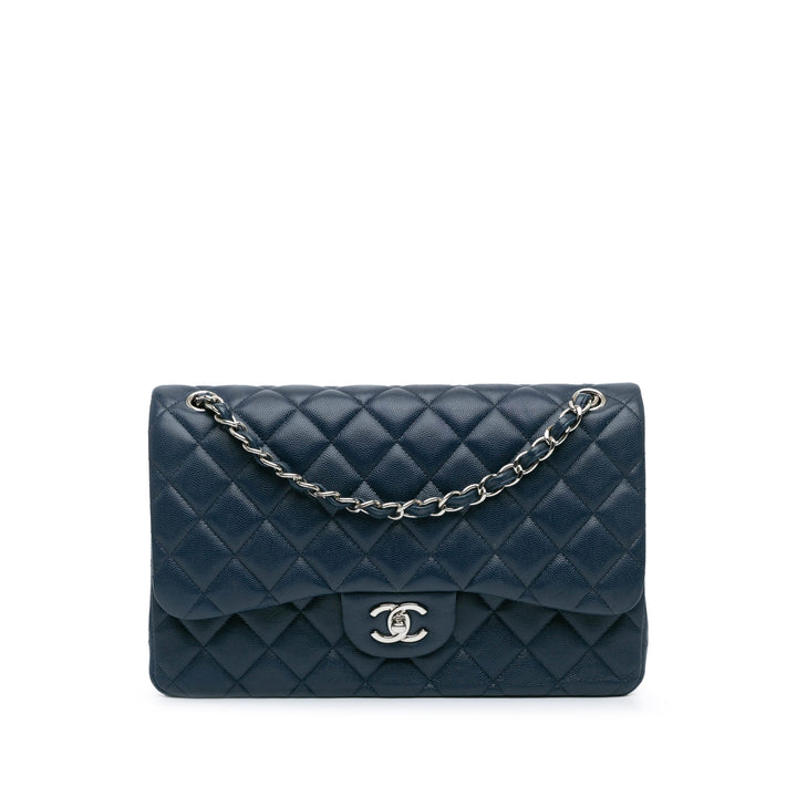 Jumbo Classic Caviar Double Flap Blue - Gaby Paris