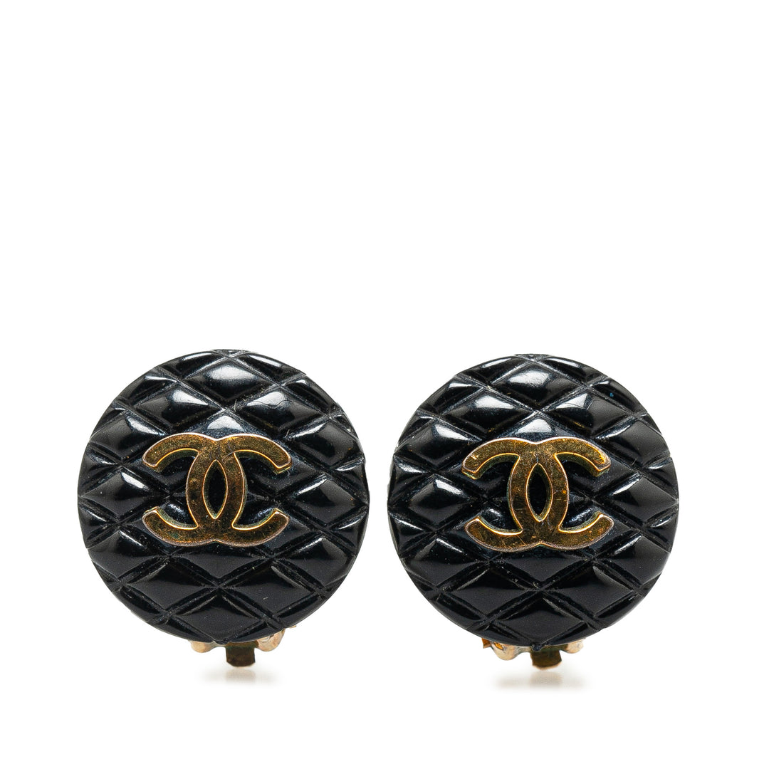 Resin Quilted CC Button Clip On Earrings Black - Gaby Paris