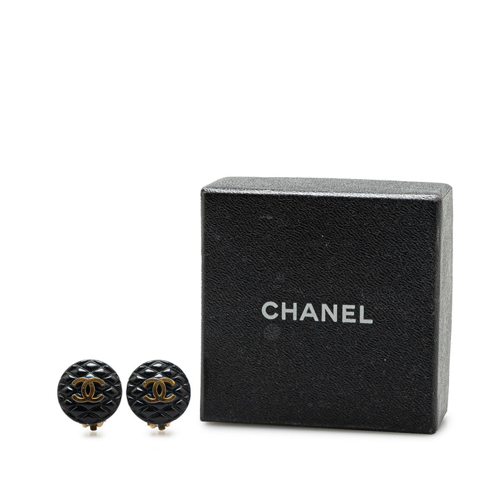 Resin Quilted CC Button Clip On Earrings Black - Gaby Paris