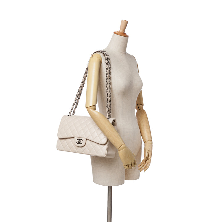 Jumbo Classic Lambskin Double Flap White - Gaby Paris